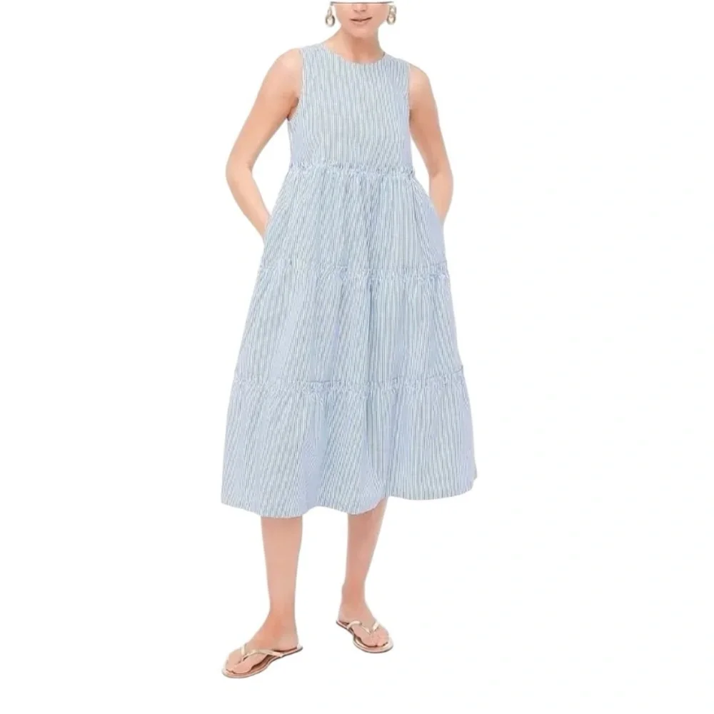 J. Crew - Sleeveless Blue Striped Tiered Dress Sz 10P